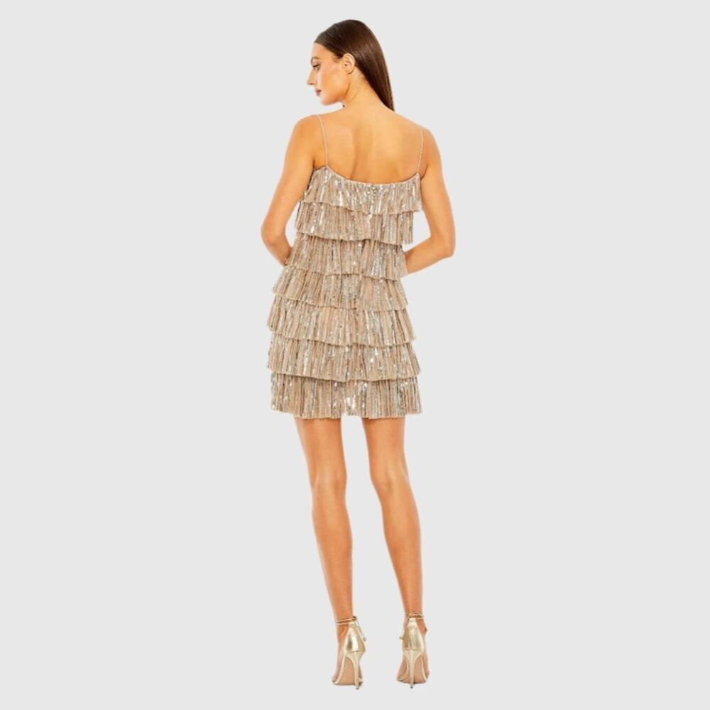 Mac Duggal Gold Beaded Sequin Ruffle Mini Dress NWT Size 2 Nude Gold Silver - Picture 9 of 12